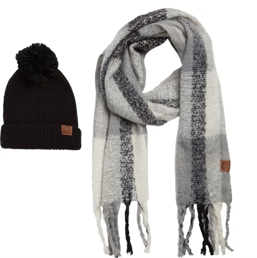 NWT C&C California Pompom Beanie & Plaid  Scarf Set